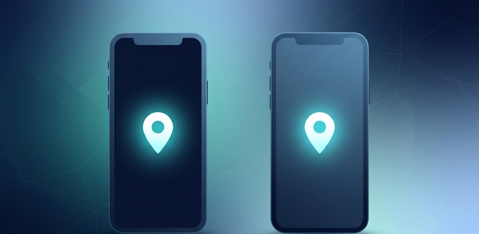 Two smartphone silhouettes side by side, each glowing with a location pin in the centre