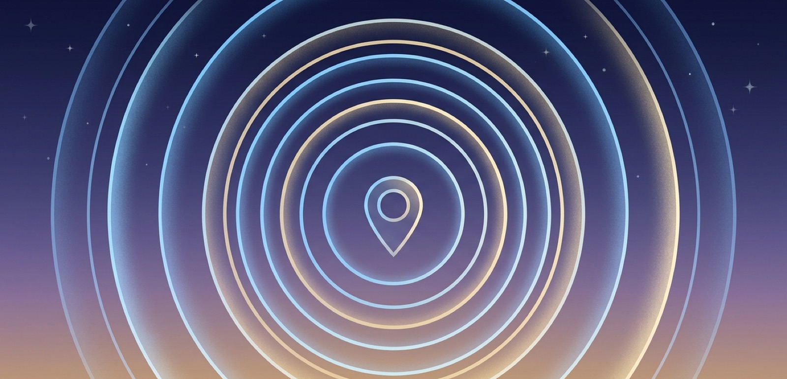 Location pin surrounded by concentric signal rings against a starry night sky, evoking emergency-call positioning