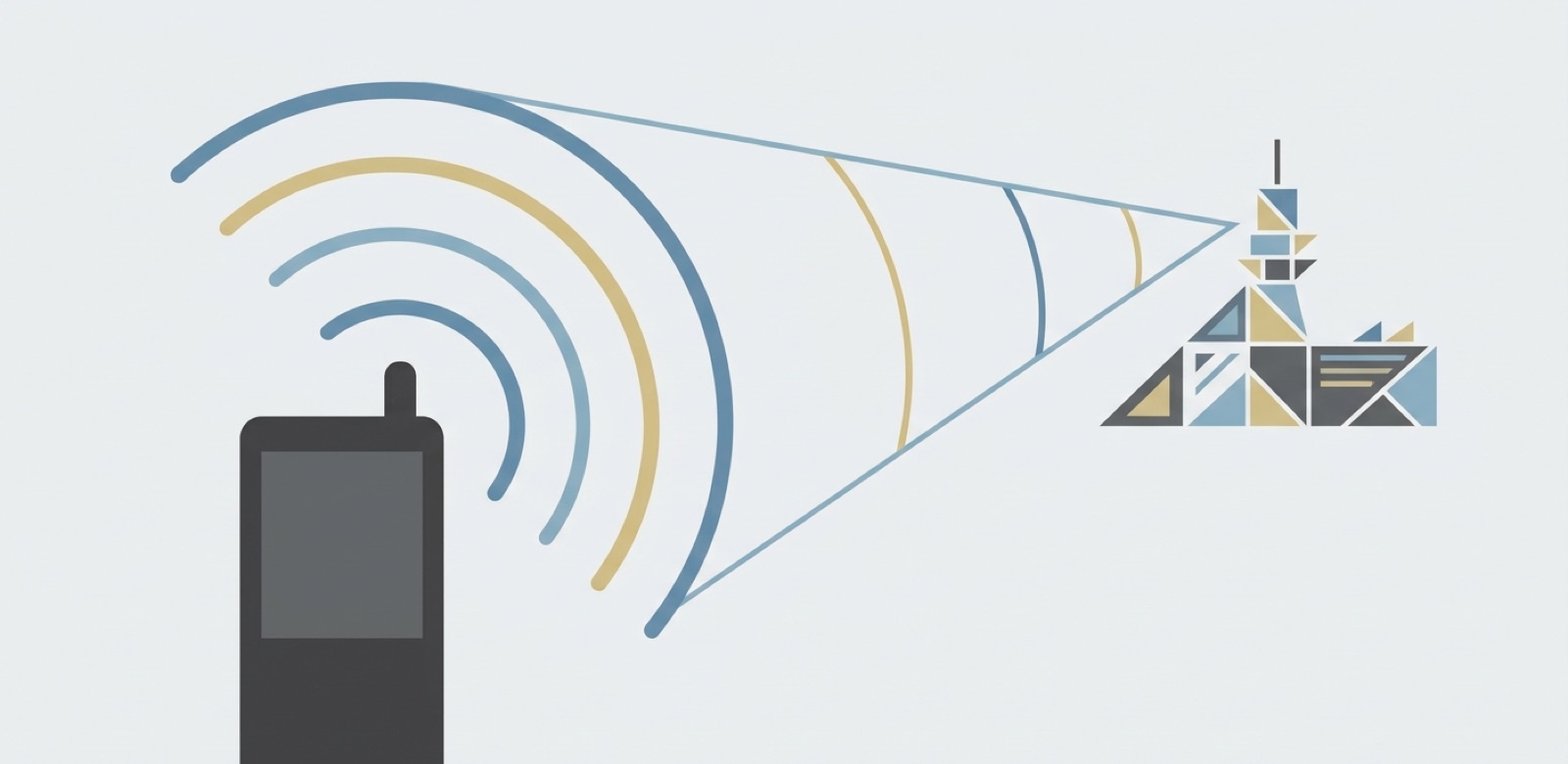 Stylised phone broadcasting signal waves toward an abstract dispatcher tower, illustrating Advanced Mobile Location