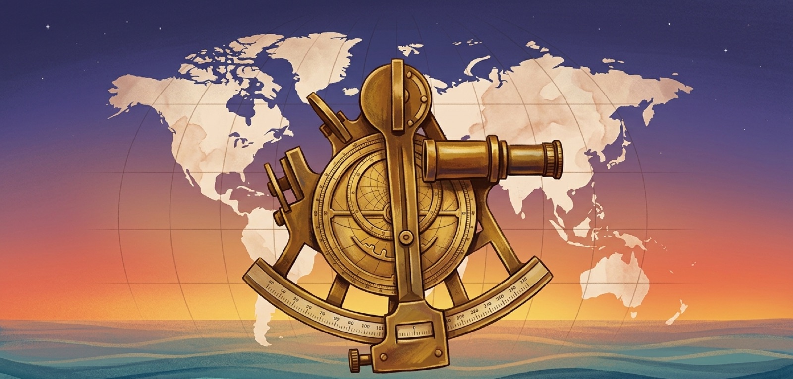 Vintage brass sextant overlaid on an antique world map at sunset, evoking the age of celestial navigation