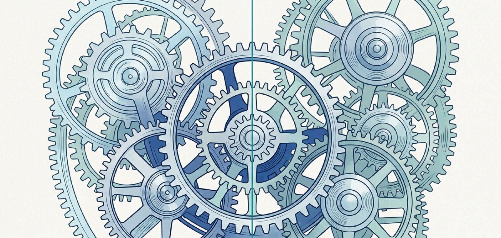 Interlocking mechanical clockwork gears in cool teal and blue, evoking John Harrison's marine chronometer