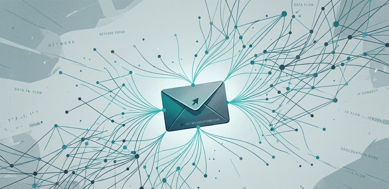 Envelope at the centre of an abstract network with paths radiating outward, evoking IP-based routing