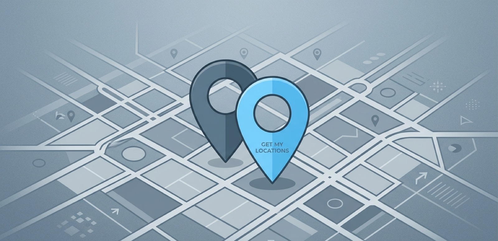 Two map pins sitting slightly offset from each other on a stylised street grid, illustrating address mismatch